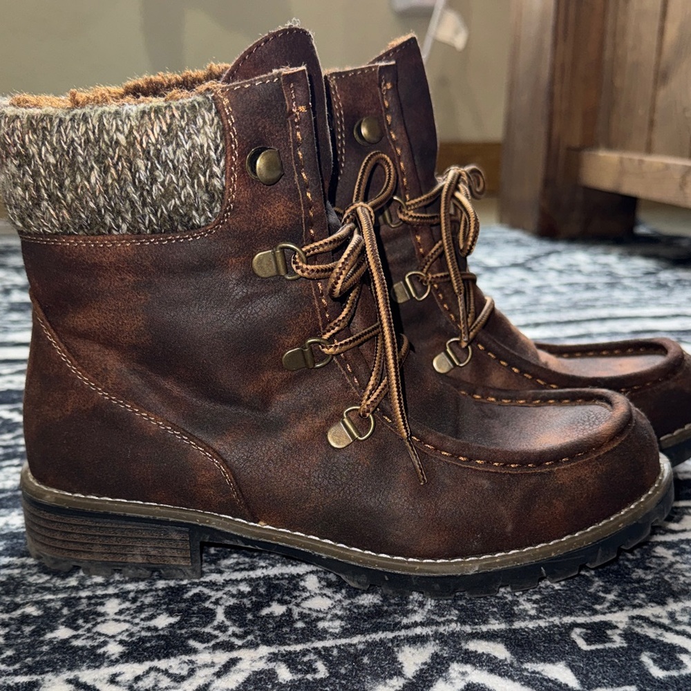 Muk Luks Brown Combat Boots with Knit Cuff